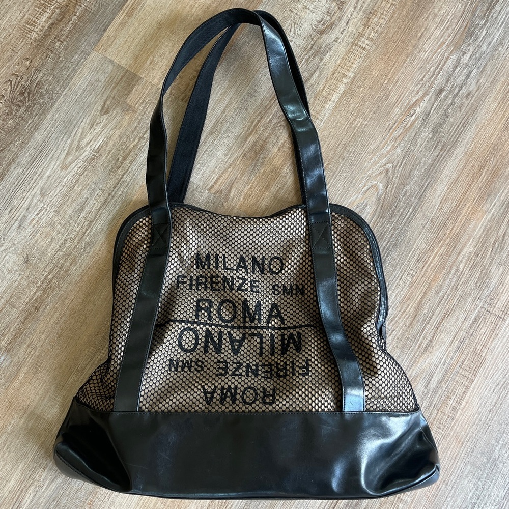 Hobo Travel Leather Trim Tote Bag Black Net Sheer Euro Summer Italy GUC